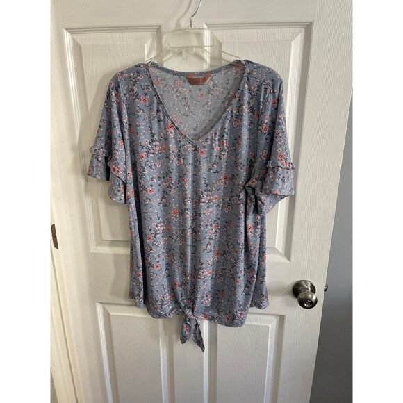 AMANA Short Sleeve Top Size 2X Blue Floral - Picture 1 of 4